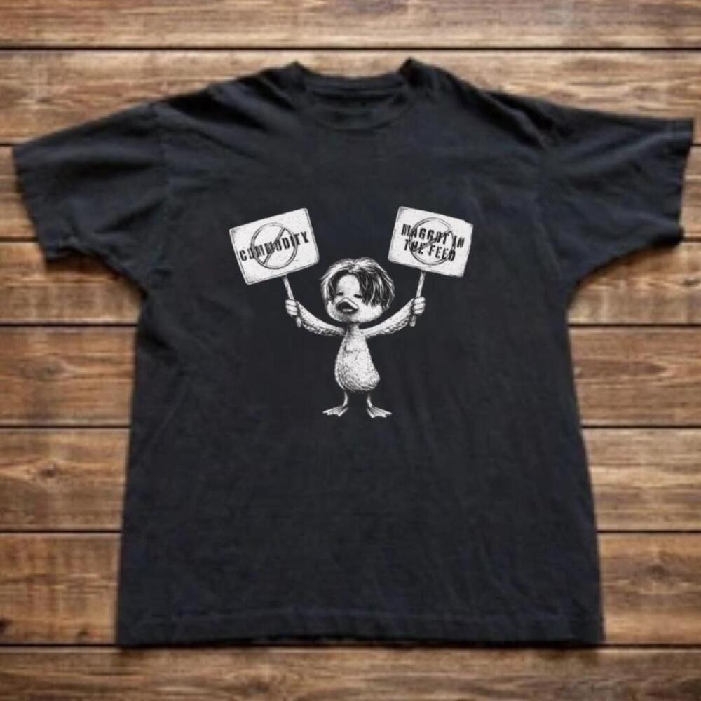 Black Graphic Tee With White Text And Duck Design